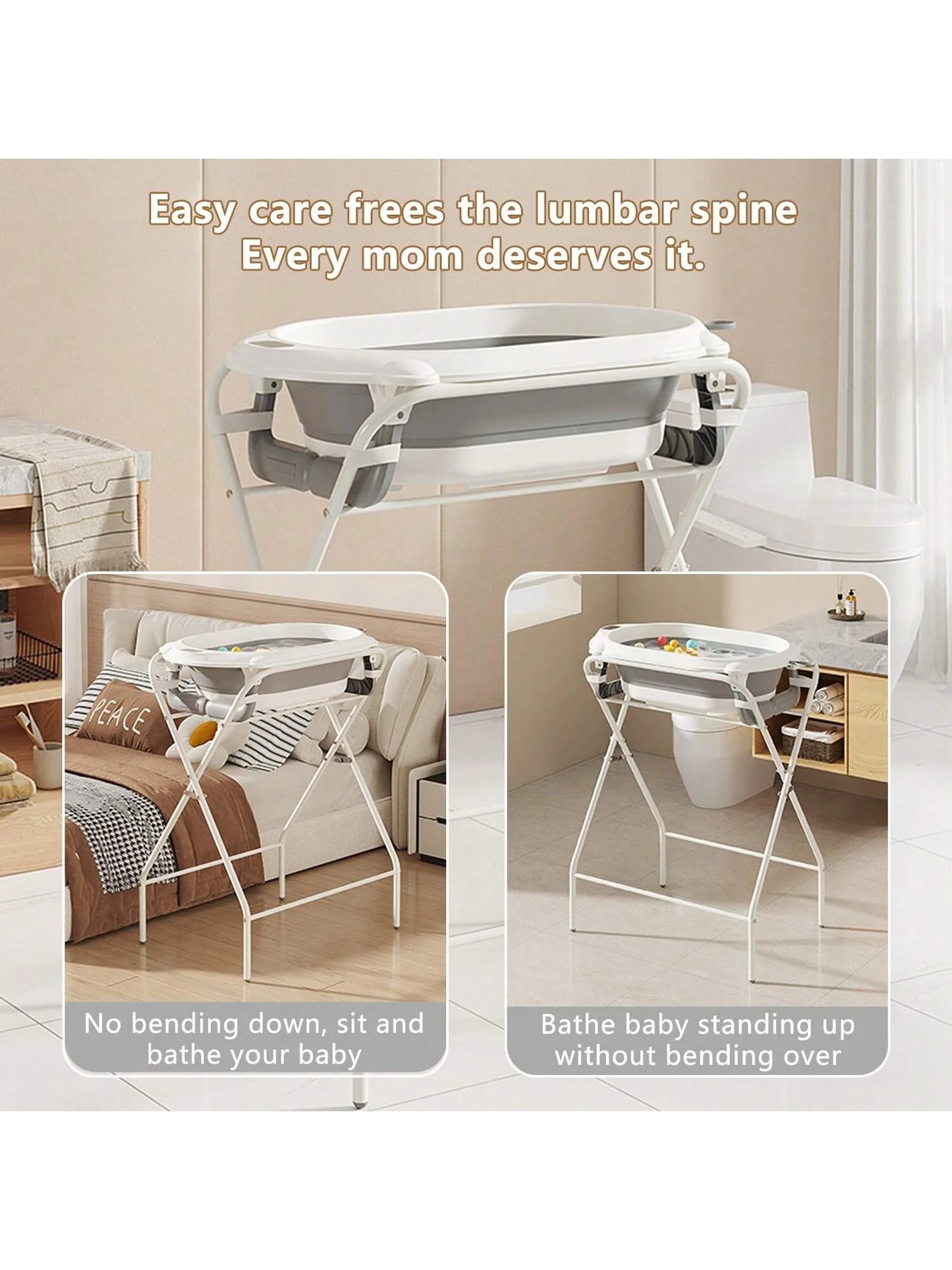 Foldable Baby Bath Tub with Stand, Portable Infant Bathtub with Built-in Thermometer, Soft Ergonomic Cushion & Bath Pillow, Sturdy Durable Toddler Bath Tub, Space Saving Easy to Store for Newborn Baby Home Use