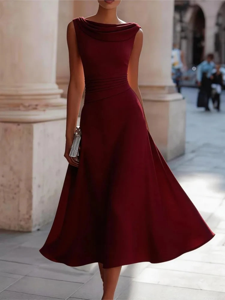 Elegant Solid Long Dresses Summer O-neck Sleeveless High Waist Swing Casual Dresses Office Dress Office Lady Chiffon Slim Dress