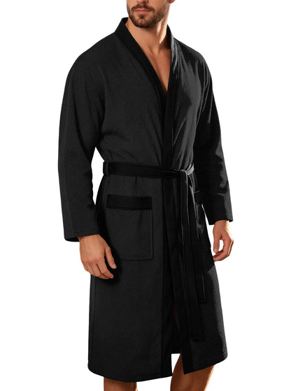 Men Terry Cloth Long Bathrobe Belted Design Double Pockets Casual Home Loungewear Loose Hotel Vacation Night Gown