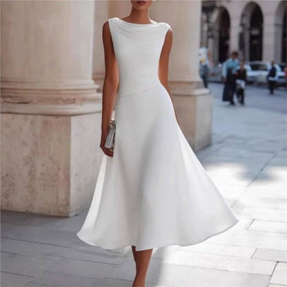 Elegant Solid Long Dresses Summer O-neck Sleeveless High Waist Swing Casual Dresses Office Dress Office Lady Chiffon Slim Dress