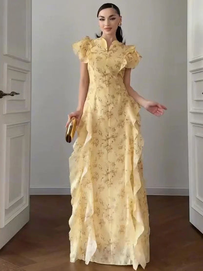 Fashion Women's Printed Ruffled Dress Elegant Short Sleeve Female V Neck Maxi Dresses 2026 Summer New Lady Vestidos High Street