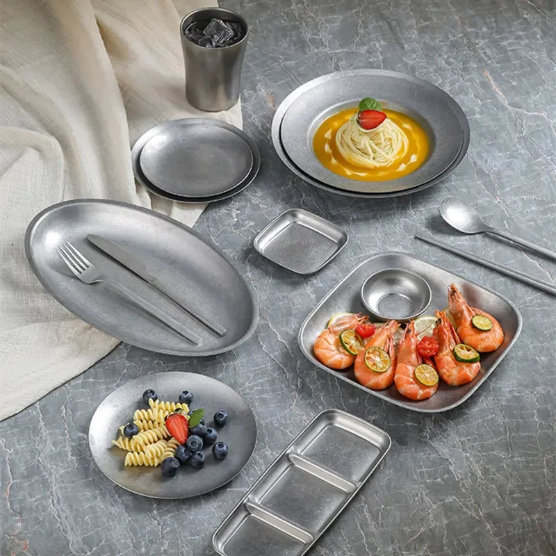 Retro Cutlery Set Plates Dinnerware Bowls Dining Plates Sauce Dish Fruit Bowl Double Wall Cup 304 Stainless Steel Cutlery