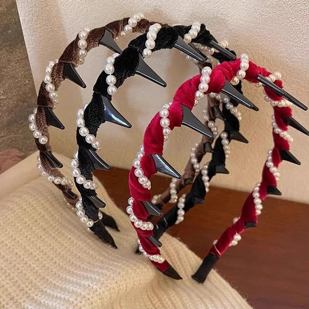 Vintage Velvet Pearl Wave Top Hairband Anti-Slip Toothed Hairband For Women Girls Fashion Sweet Hair Accessories Scrunchies Hoop