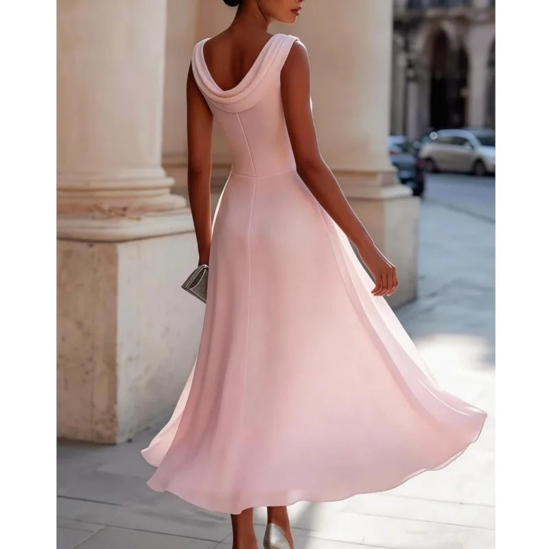 Elegant Solid Long Dresses Summer O-neck Sleeveless High Waist Swing Casual Dresses Office Dress Office Lady Chiffon Slim Dress