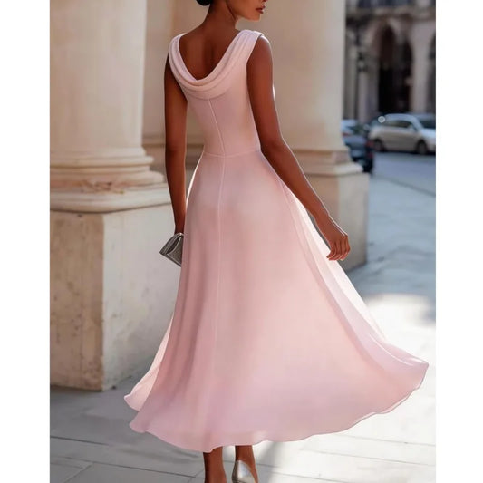 Elegant Solid Long Dresses Summer O-neck Sleeveless High Waist Swing Casual Dresses Office Dress Office Lady Chiffon Slim Dress