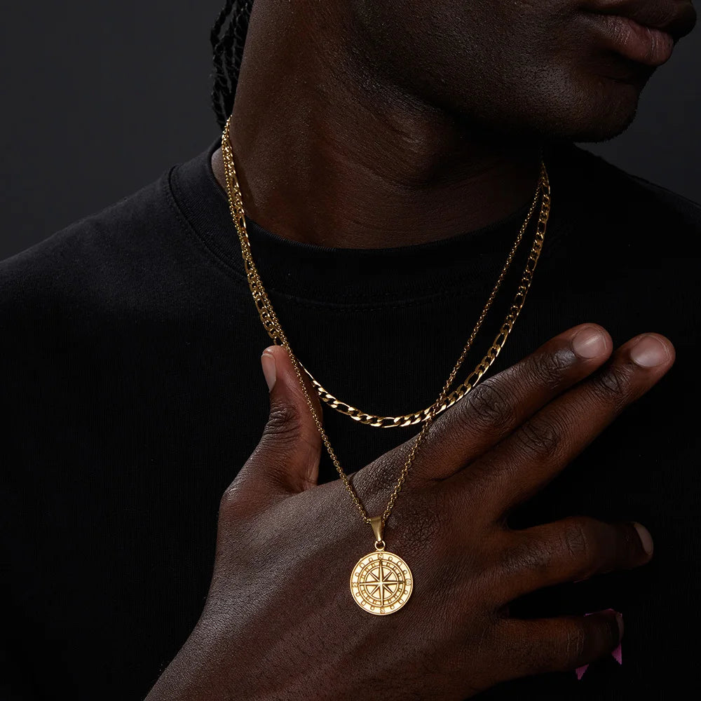 Vnox Compass Necklaces for Men, Layering Stacked Cuban Figaro Chain Necklaces, Casual Sailing Holiday Stainless Steel Boy Collar