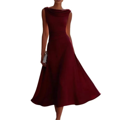 Elegant Solid Long Dresses Summer O-neck Sleeveless High Waist Swing Casual Dresses Office Dress Office Lady Chiffon Slim Dress