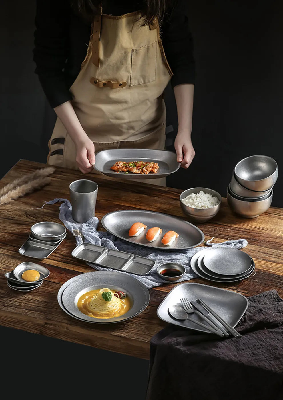 Retro Cutlery Set Plates Dinnerware Bowls Dining Plates Sauce Dish Fruit Bowl Double Wall Cup 304 Stainless Steel Cutlery