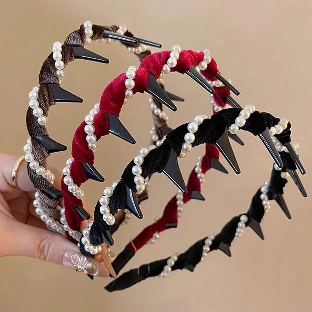 Vintage Velvet Pearl Wave Top Hairband Anti-Slip Toothed Hairband For Women Girls Fashion Sweet Hair Accessories Scrunchies Hoop