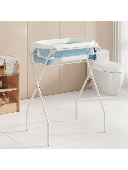 Foldable Baby Bath Tub with Stand, Portable Infant Bathtub with Built-in Thermometer, Soft Ergonomic Cushion & Bath Pillow, Sturdy Durable Toddler Bath Tub, Space Saving Easy to Store for Newborn Baby Home Use