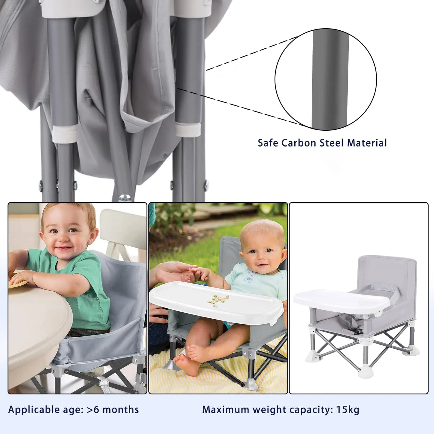 Folding Baby Dining Chair with Detachable Tray Carry Bag Lightweight Foldable Baby Seat Safety Harness for Indoor Outdoor Use