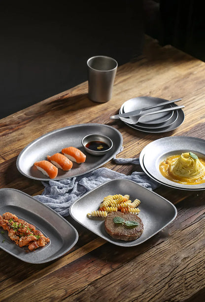 Retro Cutlery Set Plates Dinnerware Bowls Dining Plates Sauce Dish Fruit Bowl Double Wall Cup 304 Stainless Steel Cutlery