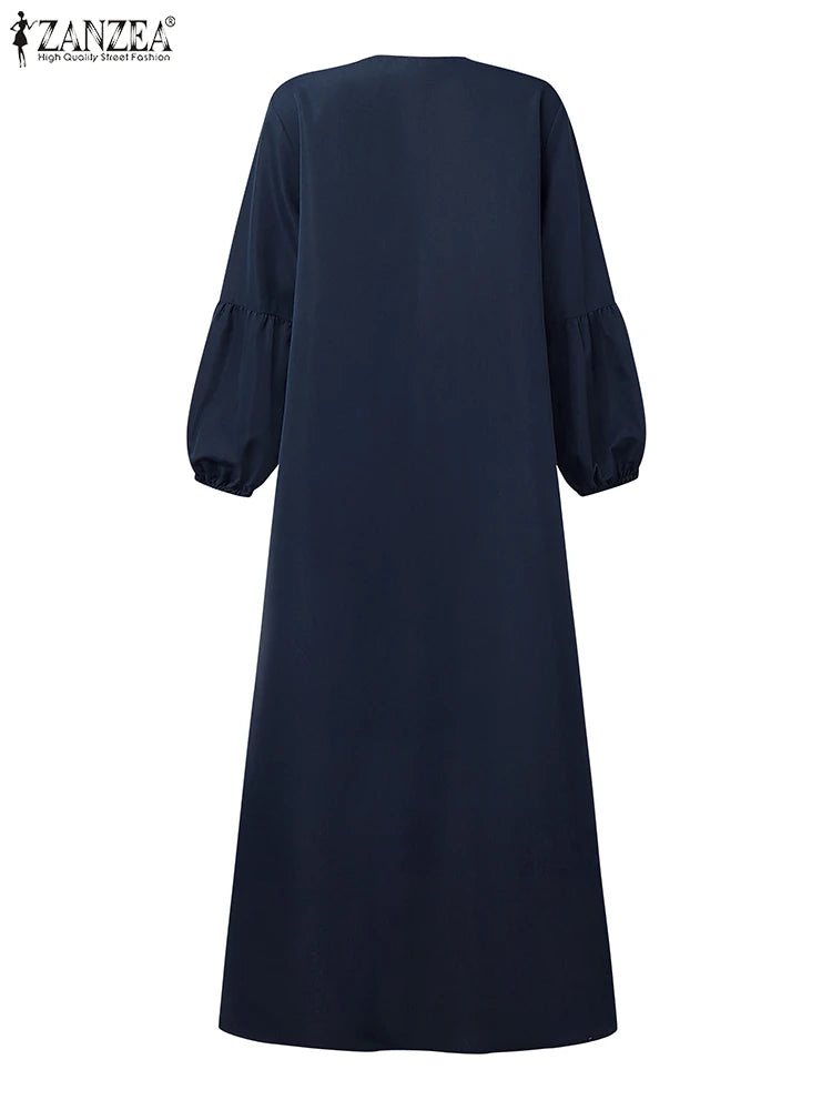 ZANZEA Fashion Women Long Lantern Sleeve Muslim Abaya Sundress Embroidery Maxi Dresses IsIamic Robe Kaftan Buttons Vestidos 2025