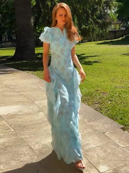 Fashion Women's Printed Ruffled Dress Elegant Short Sleeve Female V Neck Maxi Dresses 2026 Summer New Lady Vestidos High Street
