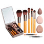 10Pcs Macaron Makeup Brush Set with Led Light Mirror Portable Travel Cosmetic Brushes Kit with Triangle Powder Puff Beauty Tools