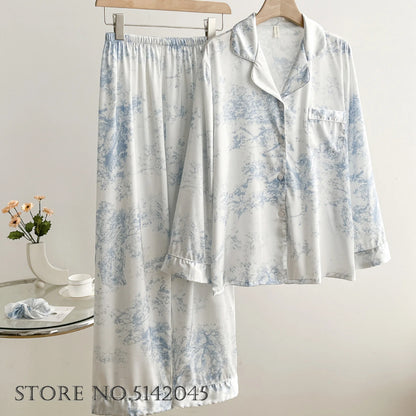 Fashion Print Flower 2PCS Pajamas Set Women Sleepwear Spring Summer Trouser Suits Lounge Wear Loose Satin Homewear Pijamas Suit