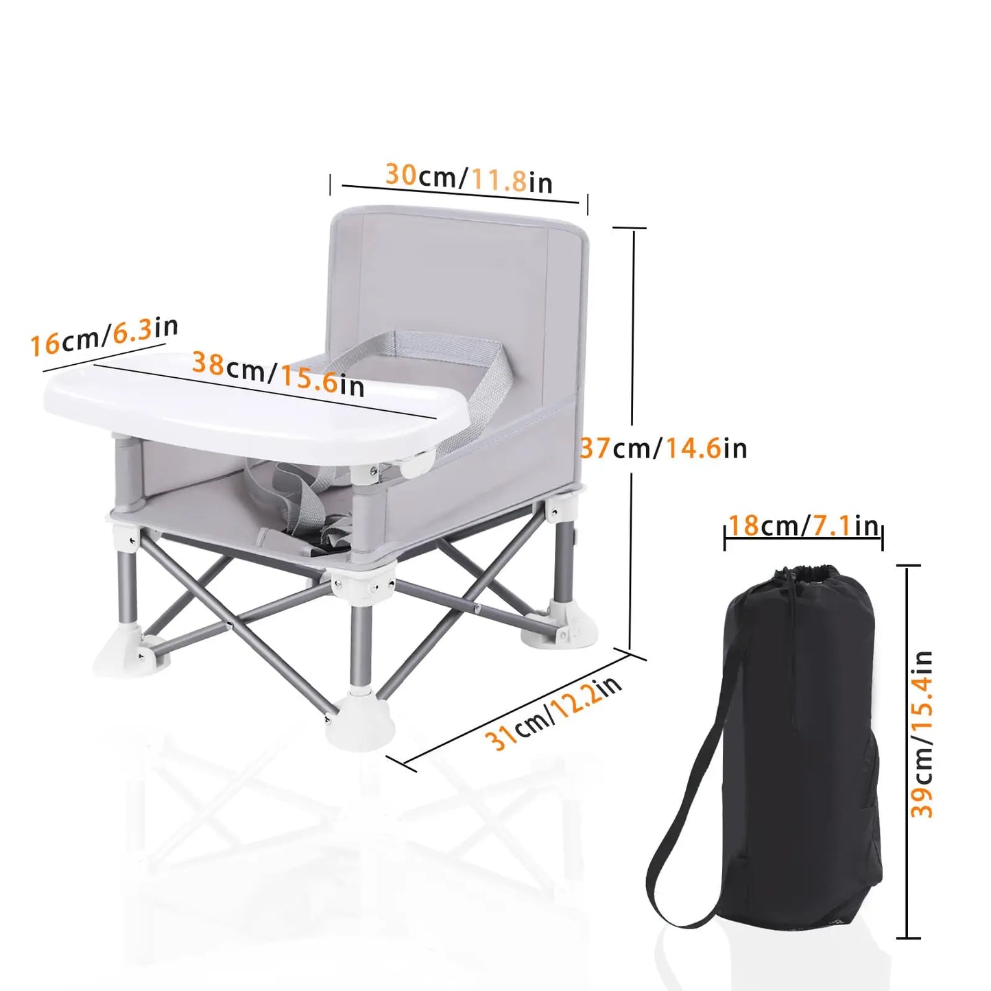 Folding Baby Dining Chair with Detachable Tray Carry Bag Lightweight Foldable Baby Seat Safety Harness for Indoor Outdoor Use