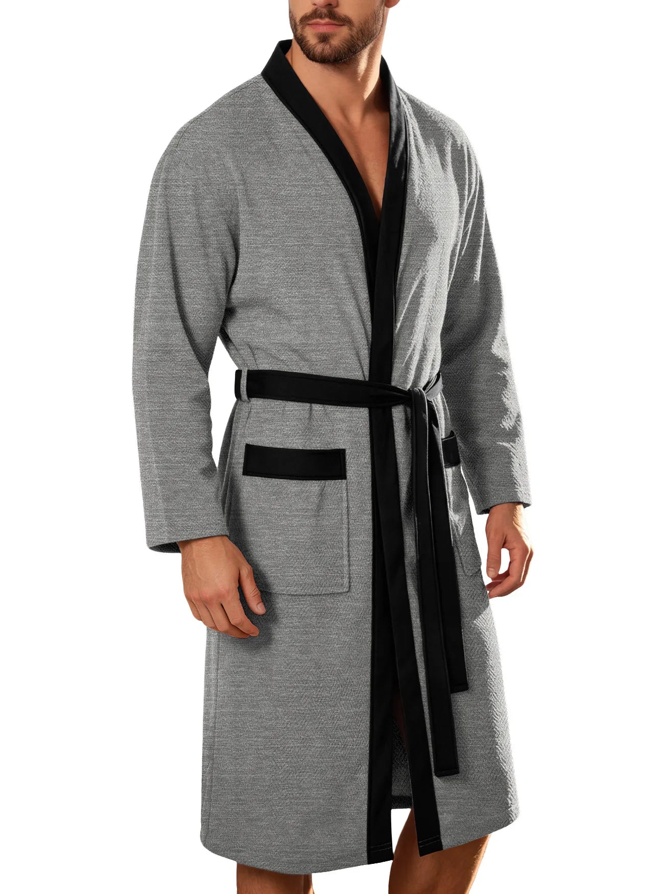 Men Terry Cloth Long Bathrobe Belted Design Double Pockets Casual Home Loungewear Loose Hotel Vacation Night Gown