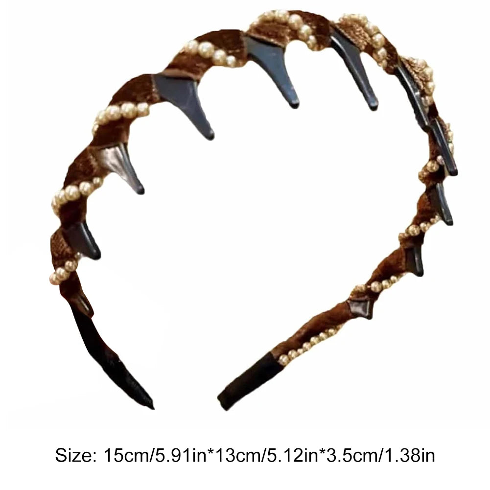 Vintage Velvet Pearl Wave Top Hairband Anti-Slip Toothed Hairband For Women Girls Fashion Sweet Hair Accessories Scrunchies Hoop