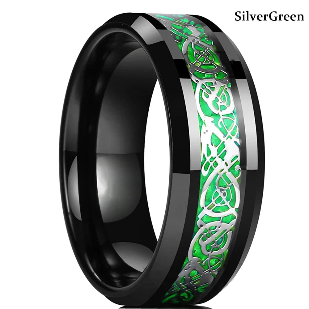 21 Colors 8mm Men's Stainless Steel Celtic Dragon Ring Inlay Red Green Black Carbon Fiber Ring Wedding Band Jewelry Size 6-13