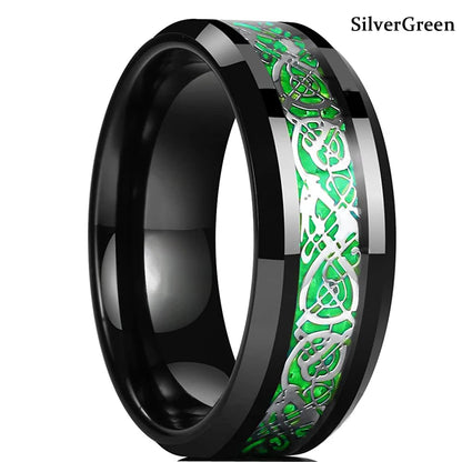 21 Colors 8mm Men's Stainless Steel Celtic Dragon Ring Inlay Red Green Black Carbon Fiber Ring Wedding Band Jewelry Size 6-13