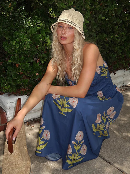 Women Dress Floral Print Spaghetti Strap Elastic Waist Midi Dresses Square Neck Front Tie Flowy A-Line Dress Elegant Beach Wear