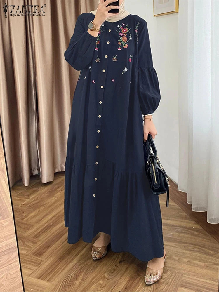 ZANZEA Fashion Women Long Lantern Sleeve Muslim Abaya Sundress Embroidery Maxi Dresses IsIamic Robe Kaftan Buttons Vestidos 2025