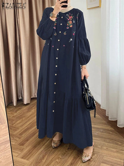 ZANZEA Fashion Women Long Lantern Sleeve Muslim Abaya Sundress Embroidery Maxi Dresses IsIamic Robe Kaftan Buttons Vestidos 2025