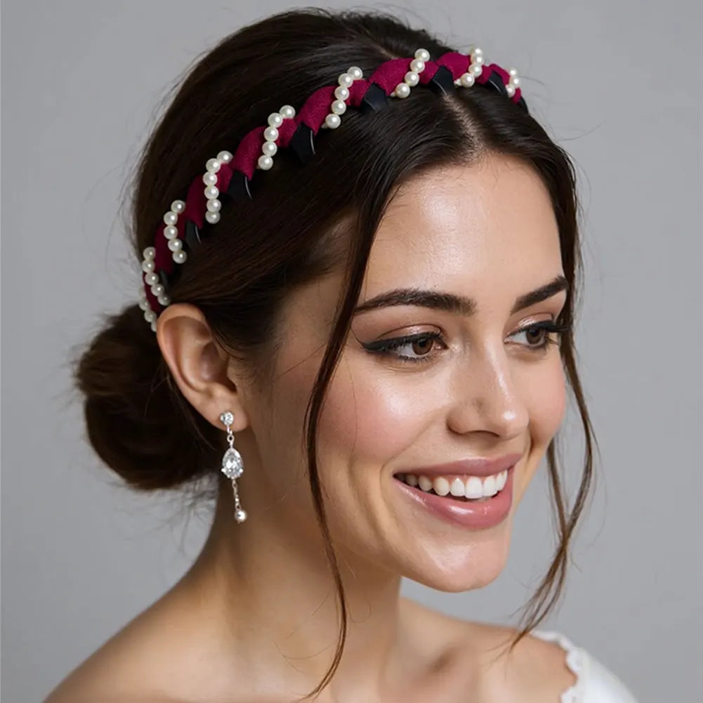 Vintage Velvet Pearl Wave Top Hairband Anti-Slip Toothed Hairband For Women Girls Fashion Sweet Hair Accessories Scrunchies Hoop