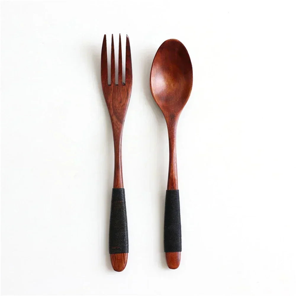Natural Wooden Spoon & Fork Dinner Kit Rice Soups Utensil Cereal Handmade  Home Tableware Dinnerware Cutlery For Kicthen