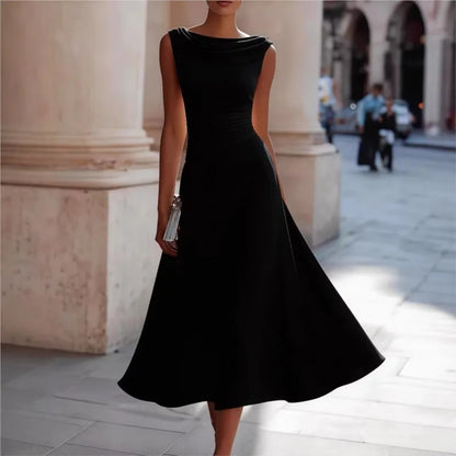 Elegant Solid Long Dresses Summer O-neck Sleeveless High Waist Swing Casual Dresses Office Dress Office Lady Chiffon Slim Dress