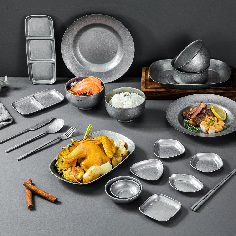 Retro Cutlery Set Plates Dinnerware Bowls Dining Plates Sauce Dish Fruit Bowl Double Wall Cup 304 Stainless Steel Cutlery
