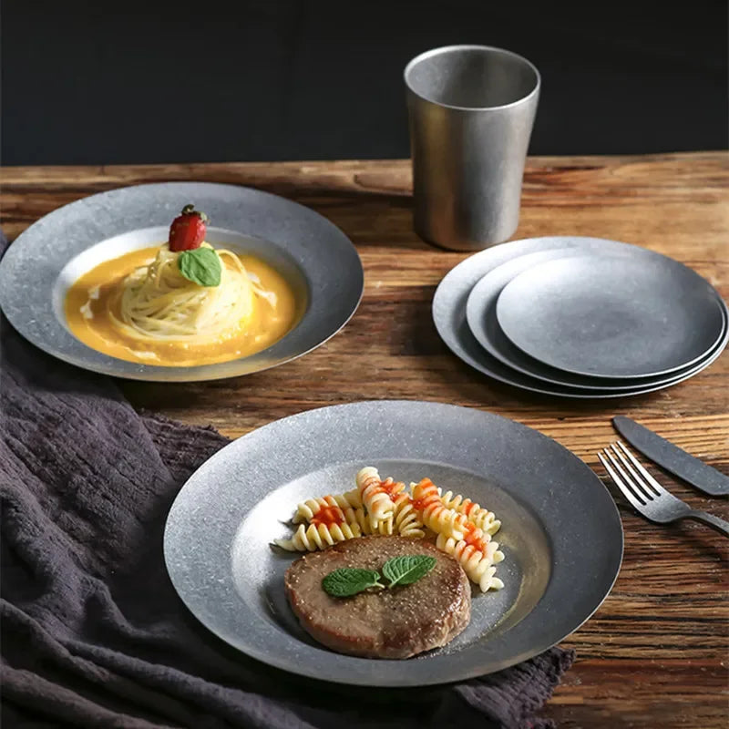 Retro Cutlery Set Plates Dinnerware Bowls Dining Plates Sauce Dish Fruit Bowl Double Wall Cup 304 Stainless Steel Cutlery