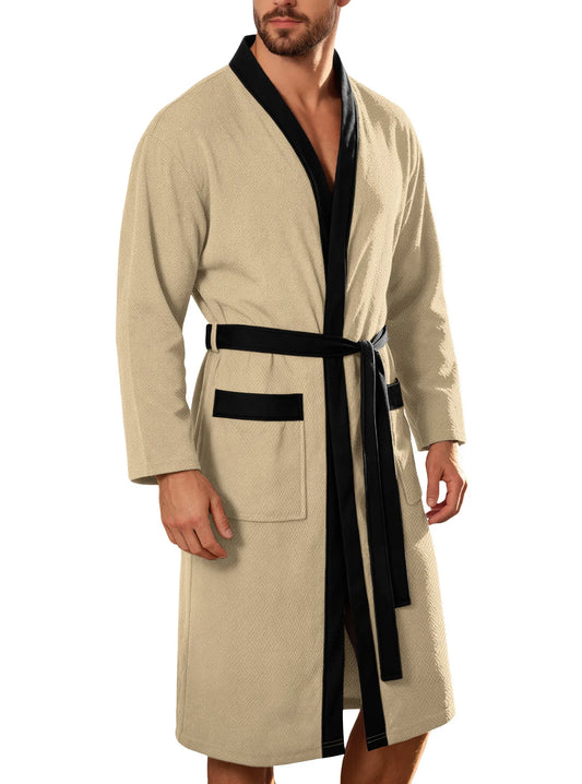 Men Terry Cloth Long Bathrobe Belted Design Double Pockets Casual Home Loungewear Loose Hotel Vacation Night Gown