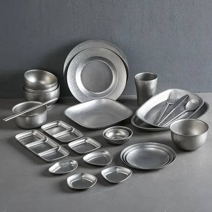 Retro Cutlery Set Plates Dinnerware Bowls Dining Plates Sauce Dish Fruit Bowl Double Wall Cup 304 Stainless Steel Cutlery