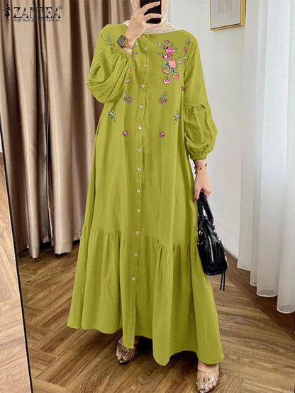 ZANZEA Fashion Women Long Lantern Sleeve Muslim Abaya Sundress Embroidery Maxi Dresses IsIamic Robe Kaftan Buttons Vestidos 2025