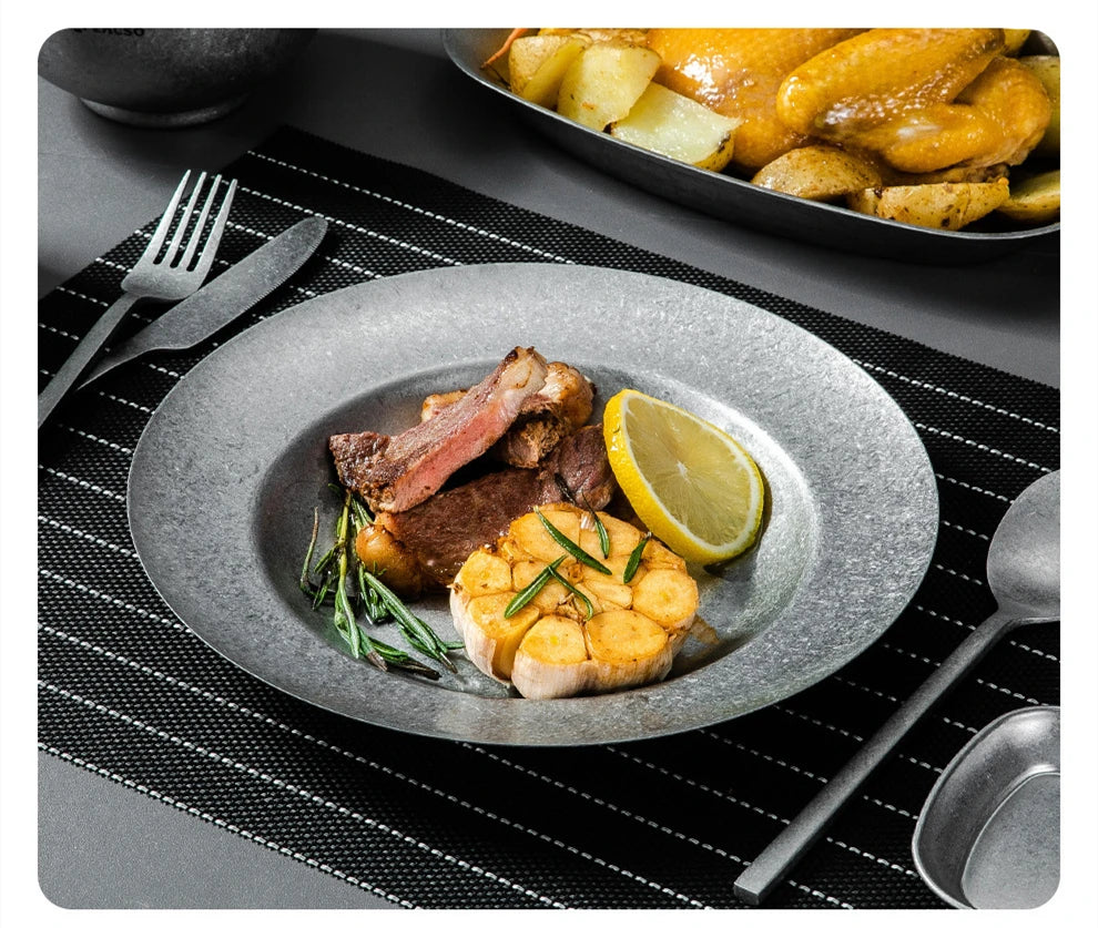 Retro Cutlery Set Plates Dinnerware Bowls Dining Plates Sauce Dish Fruit Bowl Double Wall Cup 304 Stainless Steel Cutlery