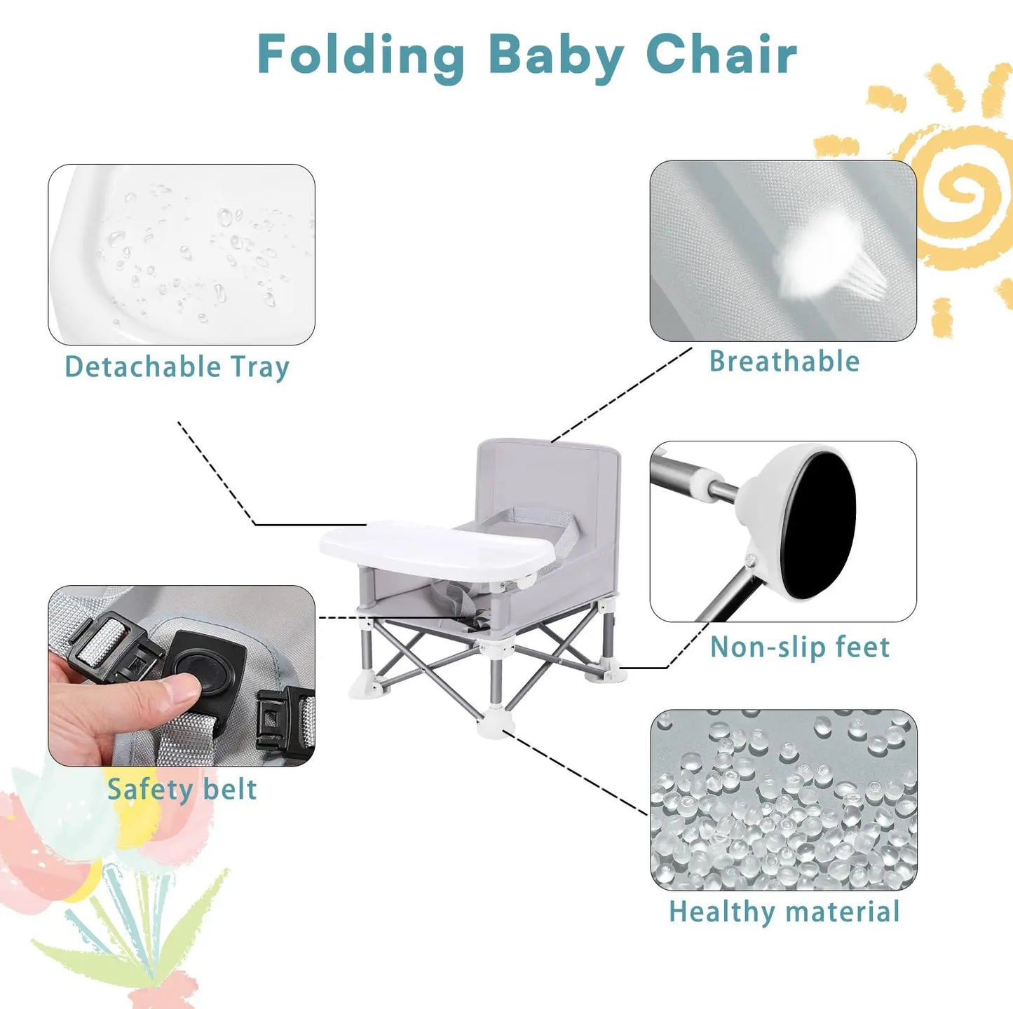 Folding Baby Dining Chair with Detachable Tray Carry Bag Lightweight Foldable Baby Seat Safety Harness for Indoor Outdoor Use