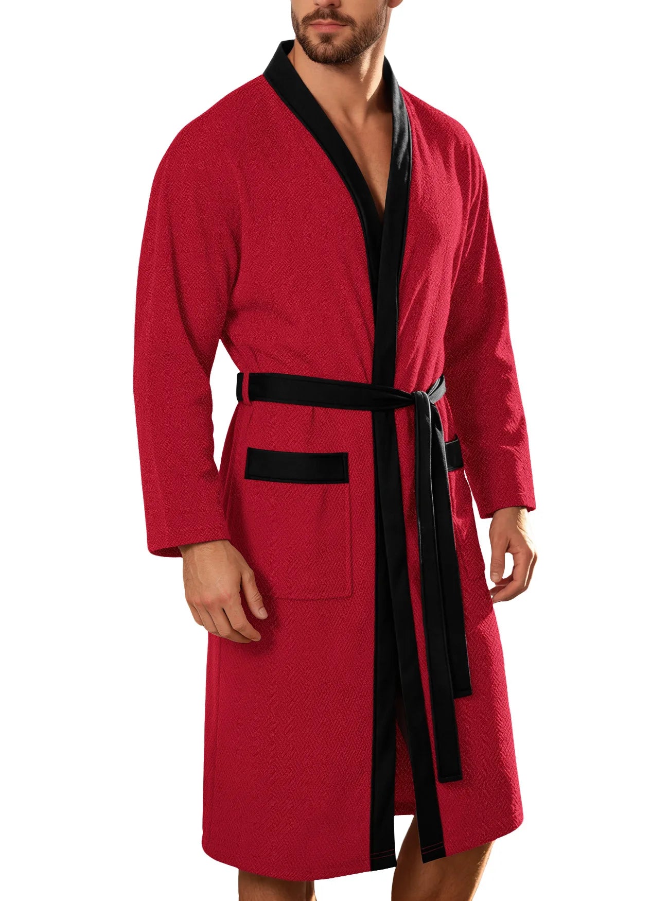 Men Terry Cloth Long Bathrobe Belted Design Double Pockets Casual Home Loungewear Loose Hotel Vacation Night Gown