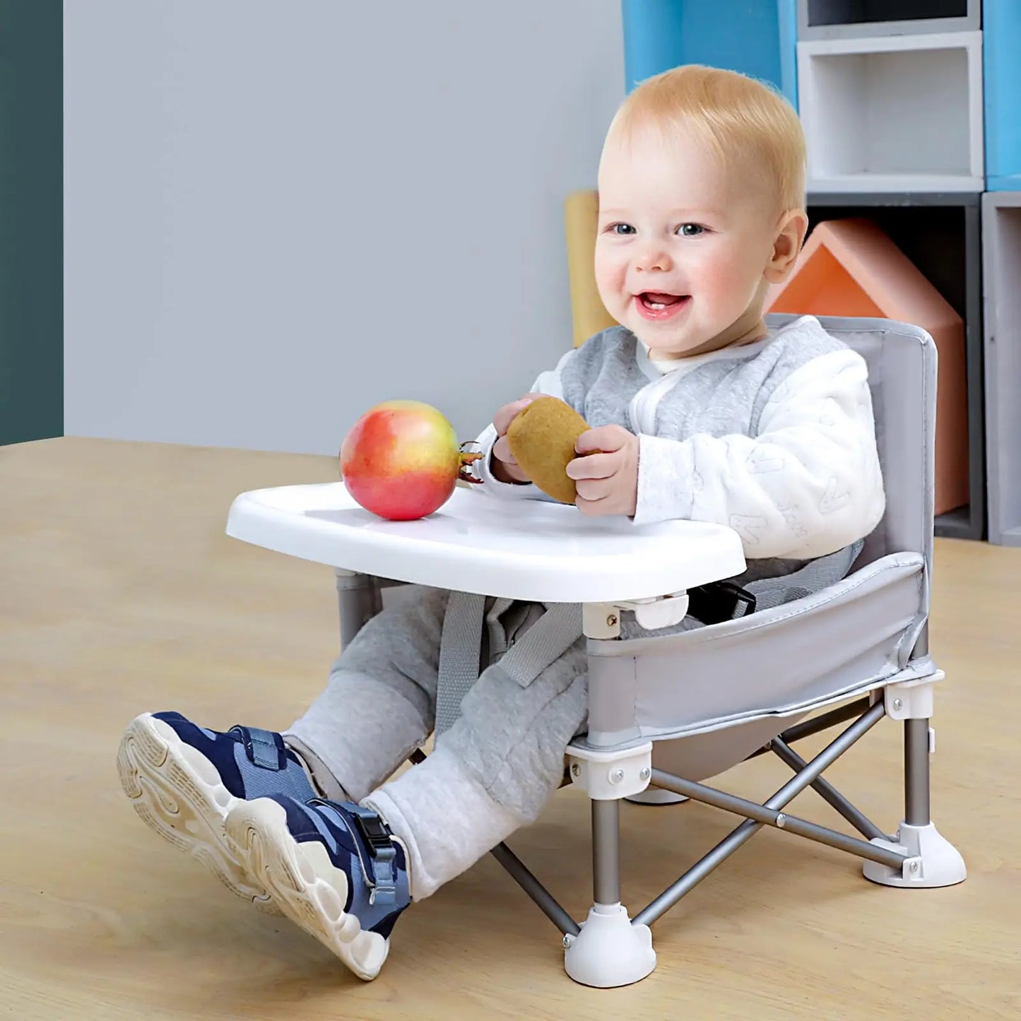 Folding Baby Dining Chair with Detachable Tray Carry Bag Lightweight Foldable Baby Seat Safety Harness for Indoor Outdoor Use
