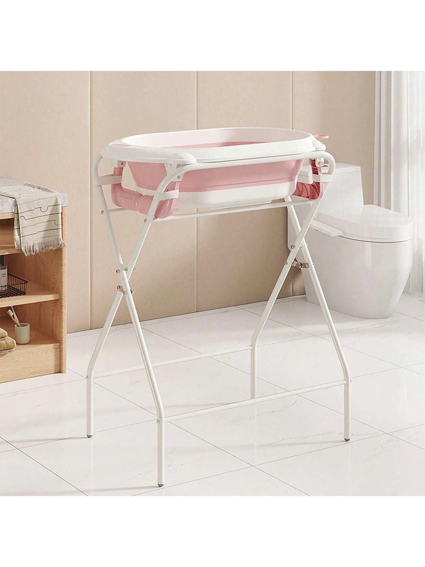 Foldable Baby Bath Tub with Stand, Portable Infant Bathtub with Built-in Thermometer, Soft Ergonomic Cushion & Bath Pillow, Sturdy Durable Toddler Bath Tub, Space Saving Easy to Store for Newborn Baby Home Use