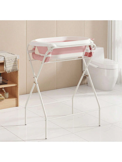 Foldable Baby Bath Tub with Stand, Portable Infant Bathtub with Built-in Thermometer, Soft Ergonomic Cushion & Bath Pillow, Sturdy Durable Toddler Bath Tub, Space Saving Easy to Store for Newborn Baby Home Use